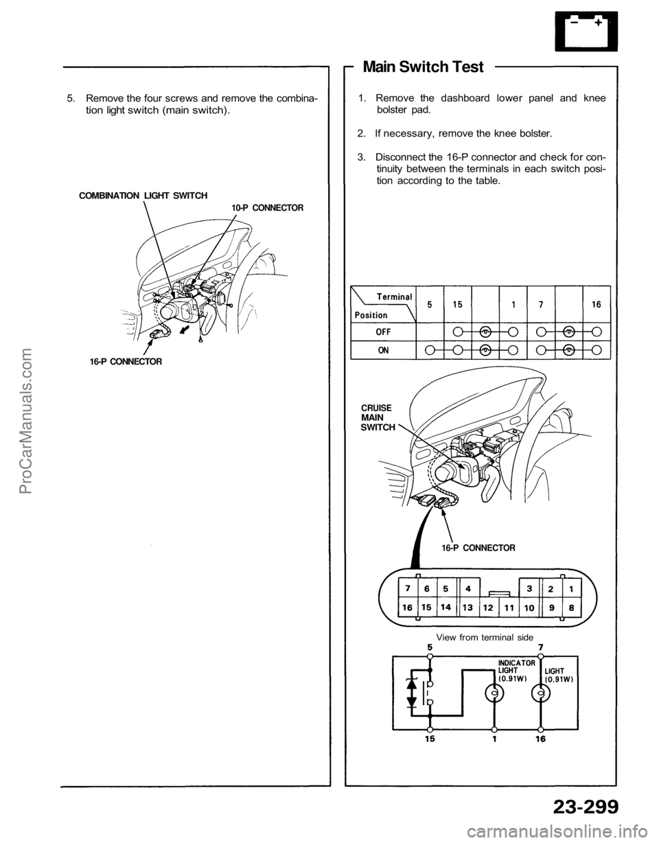 ACURA NSX 1991  Service Repair Manual 
5. Remove the four screws and remove the combina-

tion light switch (main switch).

COMBINATION LIGHT SWITCH
 10-P CONNECTOR

16-P CONNECTOR
 Main Switch Test
1. Remove the dashboard lower panel and