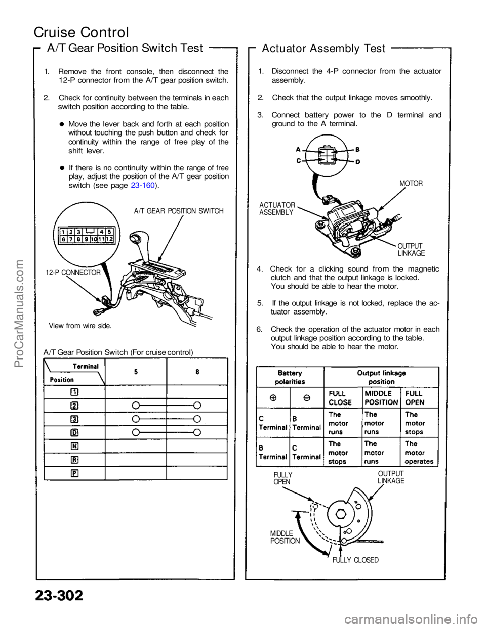 ACURA NSX 1991  Service Repair Manual 
Cruise Control

A/T Gear Position Switch Test
1. Remove the front console, then disconnect the 12-P connector from the A/T gear position switch.
2. Check for continuity between the terminals in each
