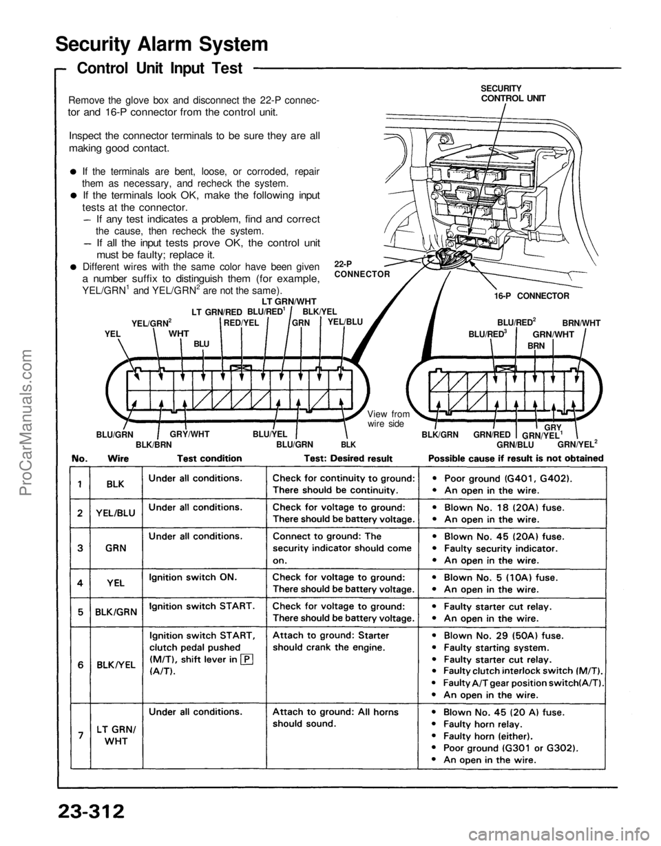 ACURA NSX 1991  Service Repair Manual 
Security Alarm System
Control Unit Input Test
Remove the glove box and disconnect the 22-P connec-

tor and 16-P connector from the control unit.

Inspect the connector terminals to be sure they are 