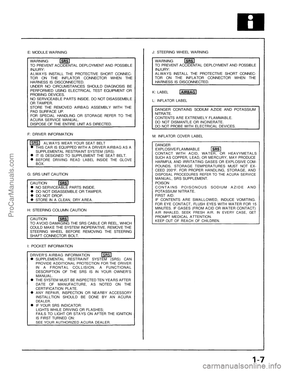 ACURA NSX 1991 Service Repair Manual
E: MODULE WARNING
J: STEERING WHEEL WARNING
WARNING
TO PREVENT ACCIDENTAL DEPLOYMENT AND POSSIBLE
INJURY:
ALWAYS INSTALL THE PROTECTIVE SHORT CONNEC-
TOR ON THE INFLATOR CONNECTOR WHEN THE
HAR ACURA NSX 1991 Service Repair Manual
E: MODULE WARNING
J: STEERING WHEEL WARNING
WARNING
TO PREVENT ACCIDENTAL DEPLOYMENT AND POSSIBLE
INJURY:
ALWAYS INSTALL THE PROTECTIVE SHORT CONNEC-
TOR ON THE INFLATOR CONNECTOR WHEN THE
HAR