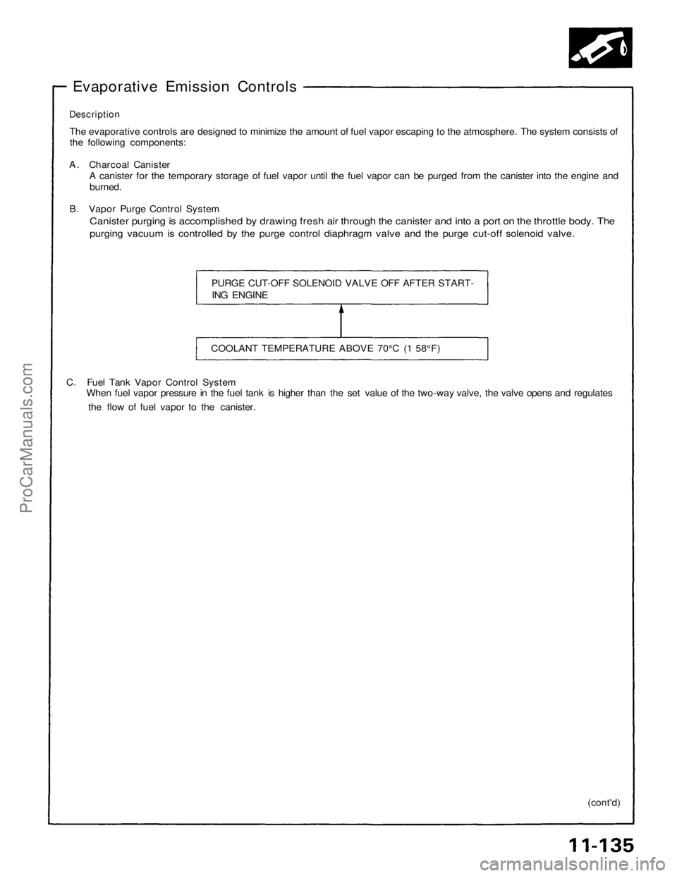 ACURA NSX 1991 Service Repair Manual
Evaporative Emission Controls
Description
The evaporative controls are designed to minimize the amount of fuel vapor escaping to the atmosphere. The system consists of
the following components:
A ACURA NSX 1991 Service Repair Manual
Evaporative Emission Controls
Description
The evaporative controls are designed to minimize the amount of fuel vapor escaping to the atmosphere. The system consists of
the following components:
A