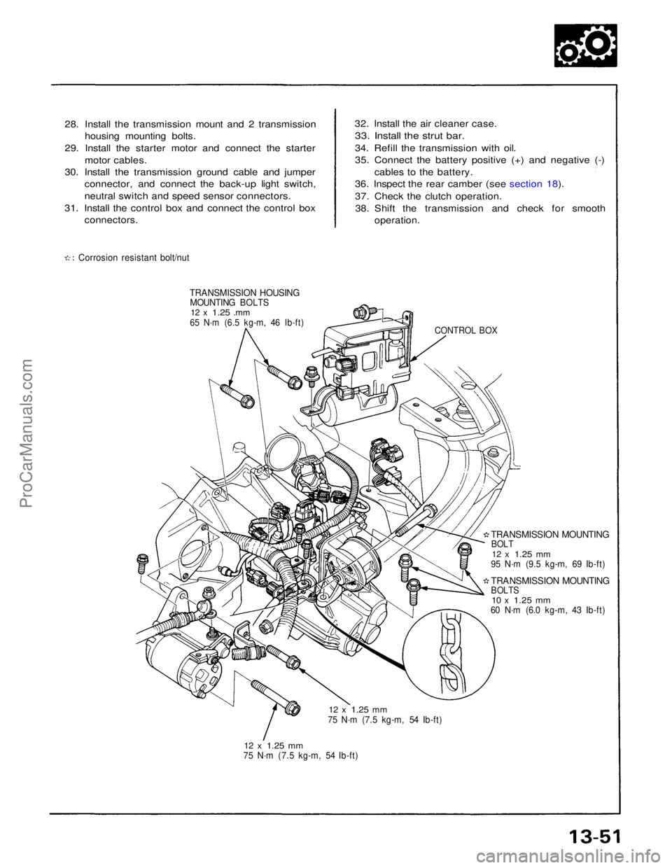 ACURA NSX 1991 Service Repair Manual
28. Install the transmission mount and 2 transmission
housing mounting bolts.
29. Install the starter motor and connect the starter motor cables.
30. Install the transmission ground cable and jumper ACURA NSX 1991 Service Repair Manual
28. Install the transmission mount and 2 transmission
housing mounting bolts.
29. Install the starter motor and connect the starter motor cables.
30. Install the transmission ground cable and jumper