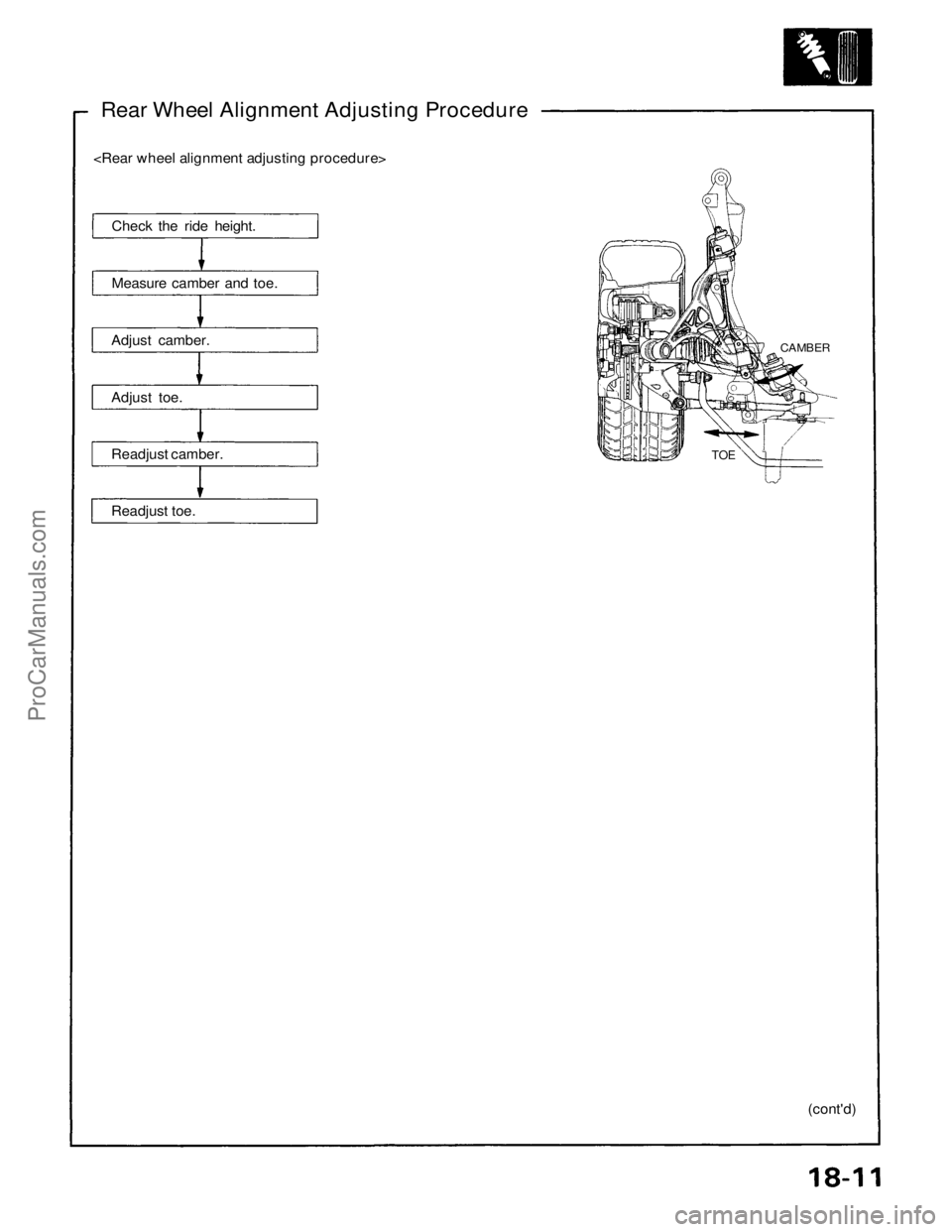 ACURA NSX 1991 Service Repair Manual
Rear Wheel Alignment Adjusting Procedure
<Rear wheel alignment adjusting procedure>
Check the ride height.
Measure camber and toe.
Adjust camber.
Adjust toe.
Readjust camber.
Readjust toe.
CA ACURA NSX 1991 Service Repair Manual
Rear Wheel Alignment Adjusting Procedure
<Rear wheel alignment adjusting procedure>
Check the ride height.
Measure camber and toe.
Adjust camber.
Adjust toe.
Readjust camber.
Readjust toe.
CA