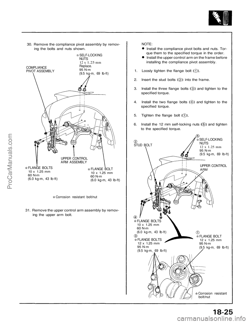 ACURA NSX 1991 Service Repair Manual
30. Remove the compliance pivot assembly by remov-
ing the bolts and nuts shown.
COMPLIANCE
PIVOT ASSEMBLY
SELF-LOCKING
NUTS
12 x
1.25
mm
Replace.
95 N·m
(9.5 kg-m, 69 Ib-ft)
UPPER CONTR ACURA NSX 1991 Service Repair Manual
30. Remove the compliance pivot assembly by remov-
ing the bolts and nuts shown.
COMPLIANCE
PIVOT ASSEMBLY
SELF-LOCKING
NUTS
12 x
1.25
mm
Replace.
95 N·m
(9.5 kg-m, 69 Ib-ft)
UPPER CONTR