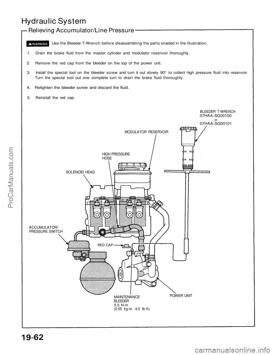 ACURA NSX 1991 Service Repair Manual
Hydraulic System
Relieving Accumulator/Line Pressure
Use the Bleeder T-Wrench before disassembling the parts shaded in the illustration.
1. Drain the brake fluid from the master cylinder and modul ACURA NSX 1991 Service Repair Manual
Hydraulic System
Relieving Accumulator/Line Pressure
Use the Bleeder T-Wrench before disassembling the parts shaded in the illustration.
1. Drain the brake fluid from the master cylinder and modul