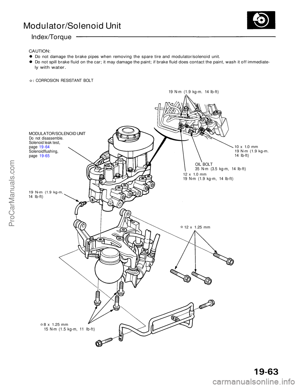 ACURA NSX 1991 Service Repair Manual
Modulator/Solenoid Unit
Index/Torque
CAUTION:
Do not damage the brake pipes when removing the spare tire and modulator/solenoid unit.
Do not spill brake fluid on the car; it may damage the paint; i ACURA NSX 1991 Service Repair Manual
Modulator/Solenoid Unit
Index/Torque
CAUTION:
Do not damage the brake pipes when removing the spare tire and modulator/solenoid unit.
Do not spill brake fluid on the car; it may damage the paint; i