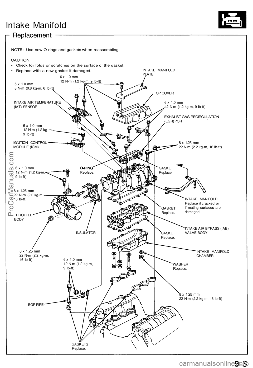 ACURA NSX 1991 Service Repair Manual Intake Manifol d
Replacemen t
NOTE: Us e ne w O-ring s an d gasket s whe n reassembling .
CAUTION:
• Chec k fo r fold s o r scratche s o n th e surfac e o f th e gasket .
• Replac e wit h a ne w ACURA NSX 1991 Service Repair Manual Intake Manifol d
Replacemen t
NOTE: Us e ne w O-ring s an d gasket s whe n reassembling .
CAUTION:
• Chec k fo r fold s o r scratche s o n th e surfac e o f th e gasket .
• Replac e wit h a ne w