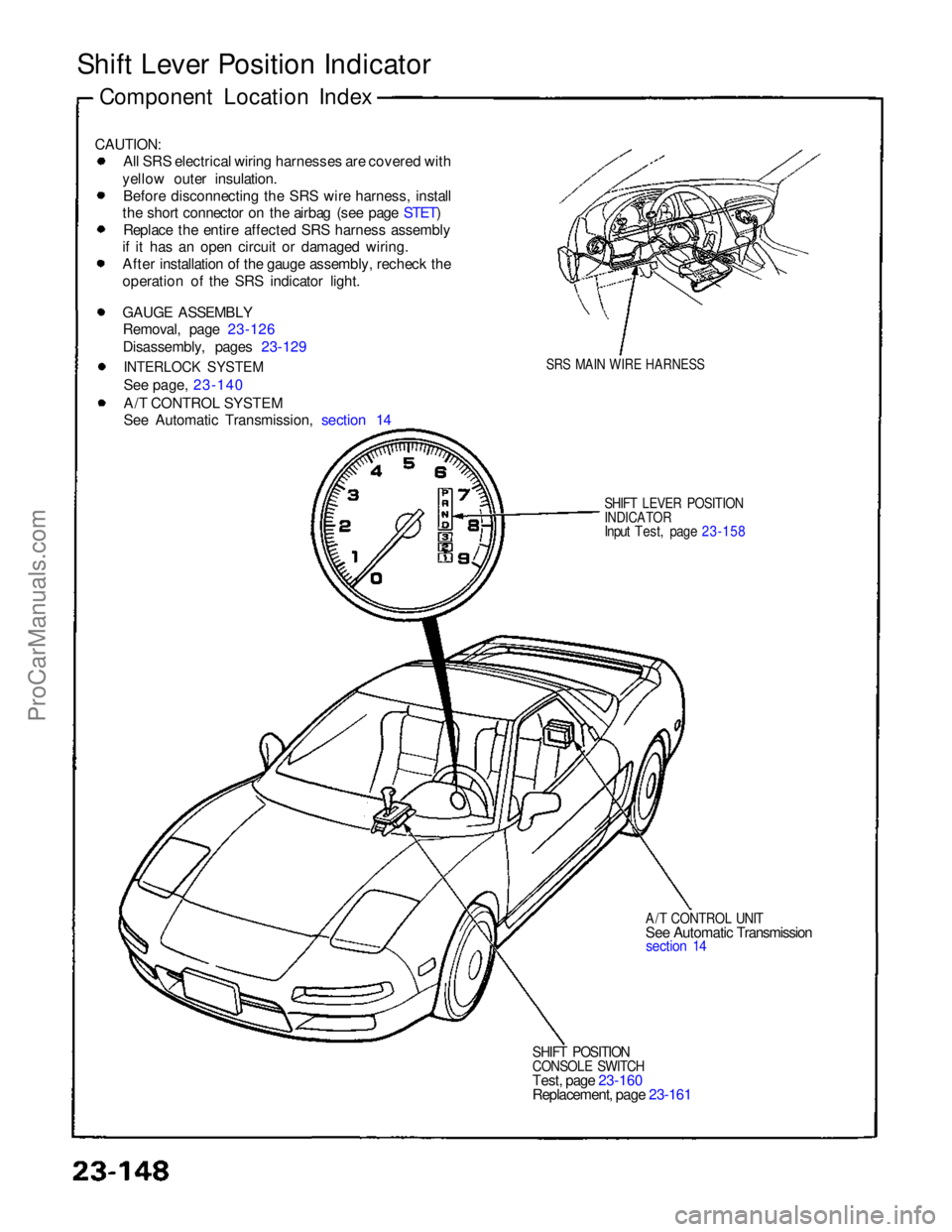 ACURA NSX 1991  Service Repair Manual Shift Lever Position Indicator
CAUTION: All SRS electrical wiring harnesses are covered with
yellow outer insulation. Before disconnecting the SRS wire harness, install
the short connector on the airb
