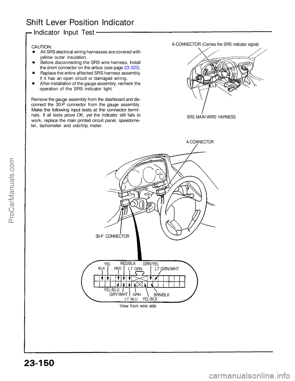 ACURA NSX 1991  Service Repair Manual 
Shift Lever Position Indicator
CAUTION: All SRS electrical wiring harnesses are covered with
yellow outer insulation. Before disconnecting the SRS wire harness, Install
the short connector on the air