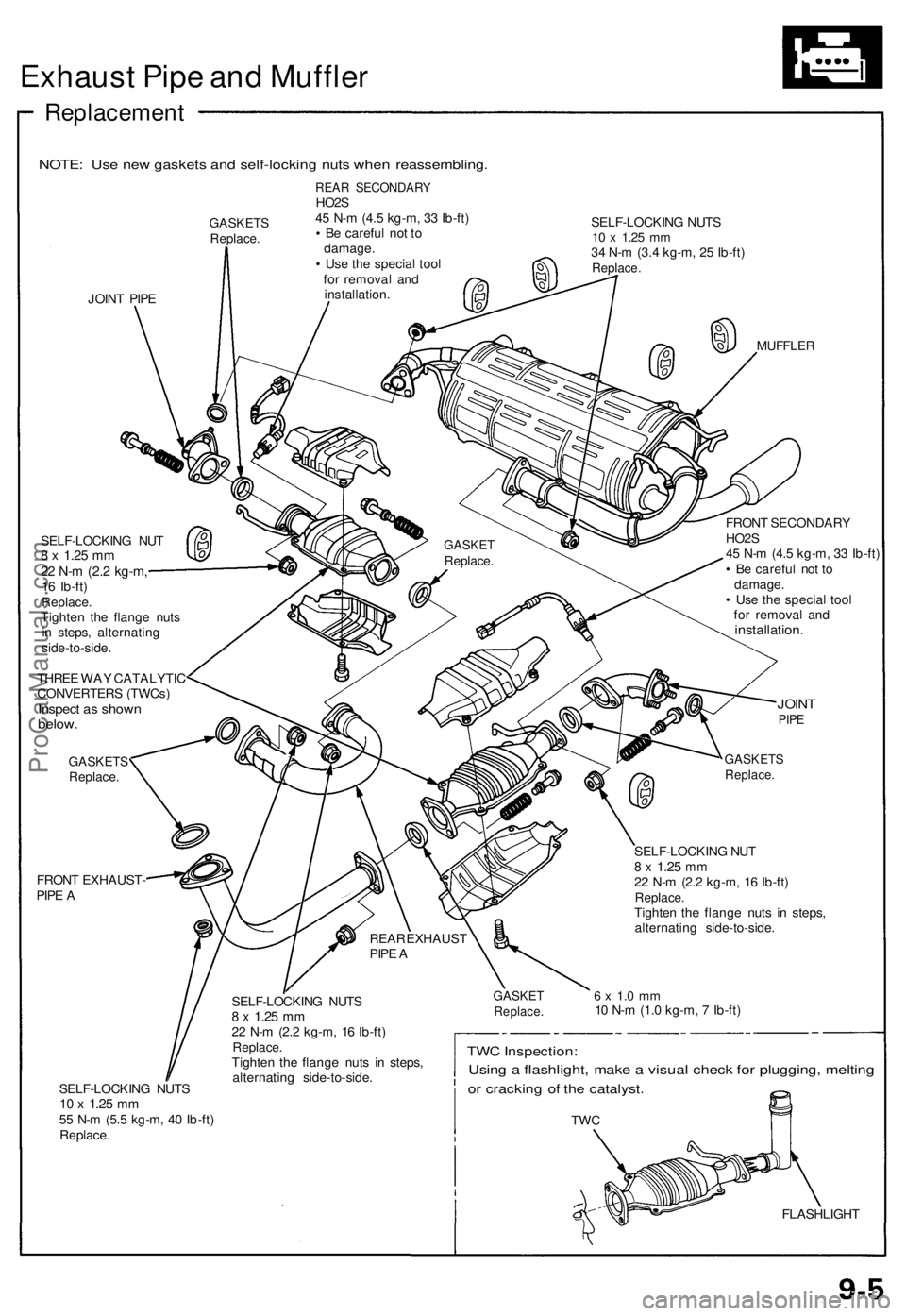 ACURA NSX 1991 Service Repair Manual Exhaust Pip e an d Muffle r
Replacemen t
NOTE: Us e ne w gasket s an d self-lockin g nut s whe n reassembling .
GASKETSReplace.
JOINT PIP E
REA R SECONDAR YHO2S
4 5 N- m (4. 5 kg-m , 3 3 Ib-ft )
• ACURA NSX 1991 Service Repair Manual Exhaust Pip e an d Muffle r
Replacemen t
NOTE: Us e ne w gasket s an d self-lockin g nut s whe n reassembling .
GASKETSReplace.
JOINT PIP E
REA R SECONDAR YHO2S
4 5 N- m (4. 5 kg-m , 3 3 Ib-ft )
•