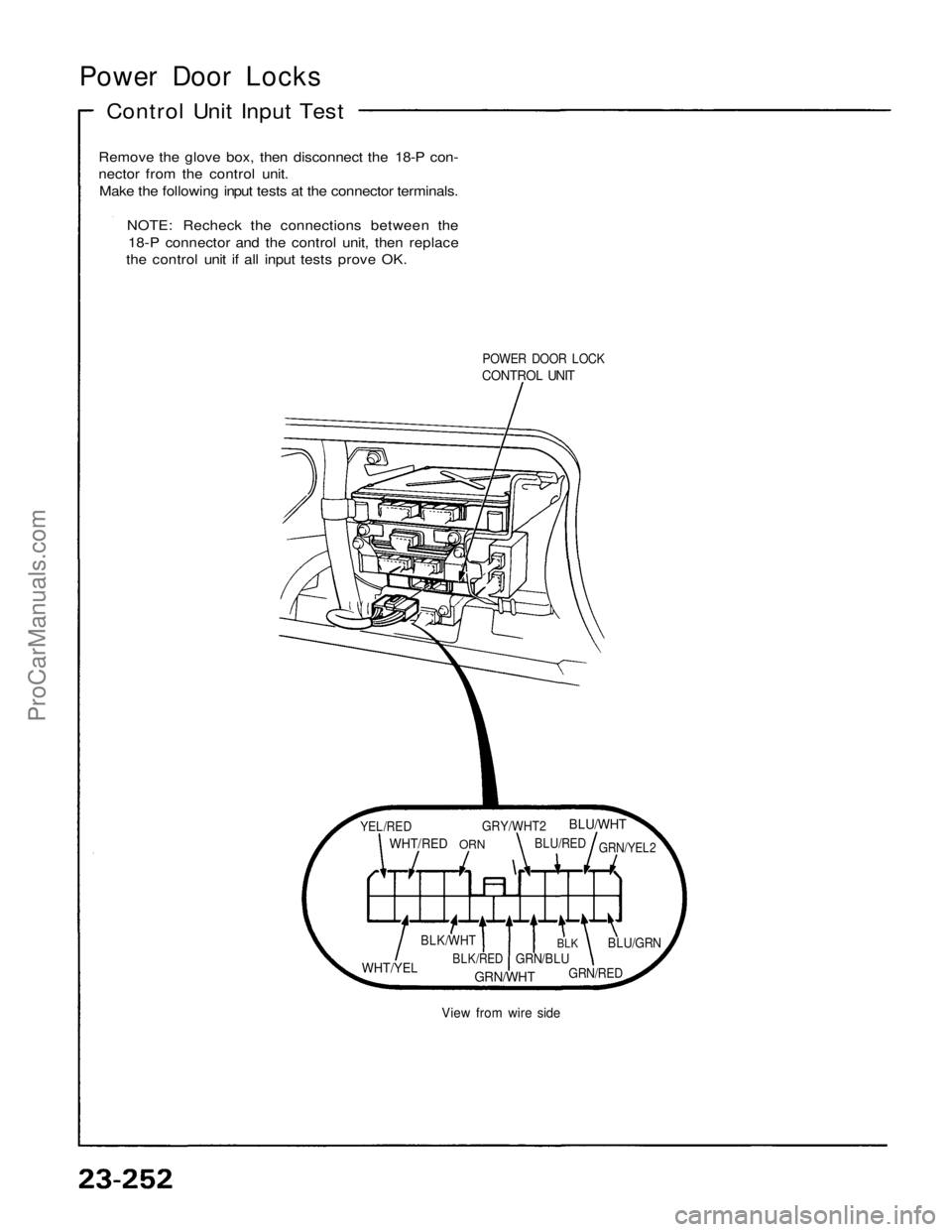 ACURA NSX 1991  Service Repair Manual 
Power Door Locks

Control Unit Input Test

Remove the glove box, then disconnect the 18-P con-

nector from the control unit.

Make the following input tests at the connector terminals.

NOTE: Rechec