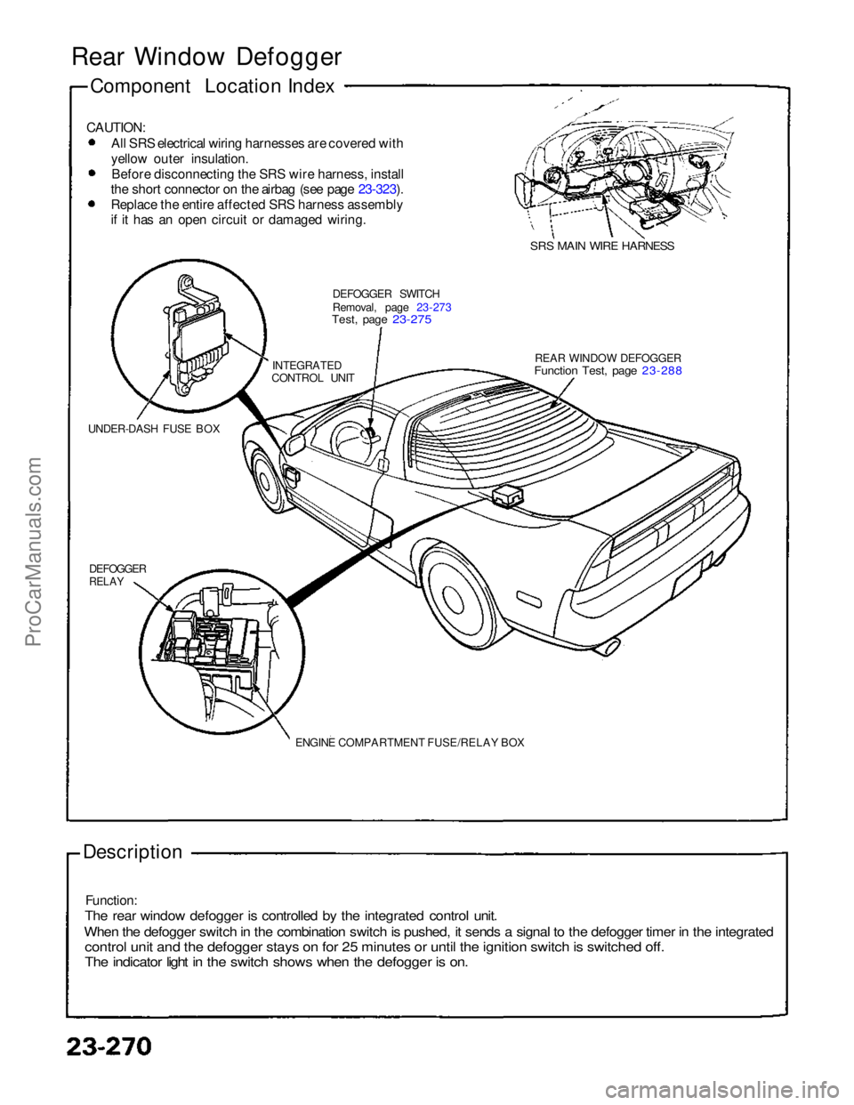ACURA NSX 1991  Service Repair Manual 
CAUTION:
All SRS electrical wiring harnesses are covered with
yellow outer insulation.
Before disconnecting the SRS wire harness, install
the short connector on the airbag (see page 23-323). Replace 