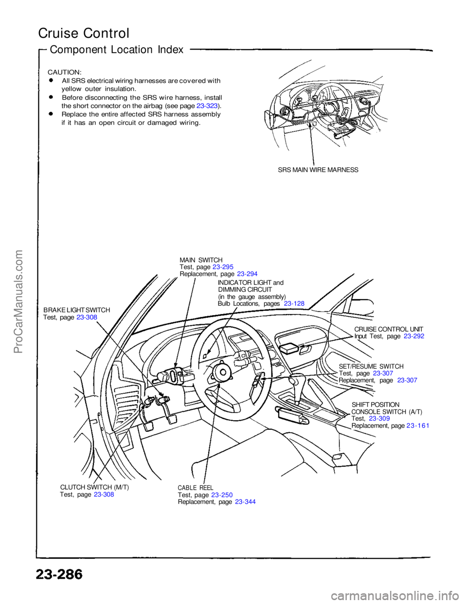 ACURA NSX 1991  Service Repair Manual 
Cruise Control

CAUTION:
 All SRS electrical wiring harnesses are covered with

yellow outer insulation.
 Before disconnecting the SRS wire harness, install

the short connector on the airbag (see pa