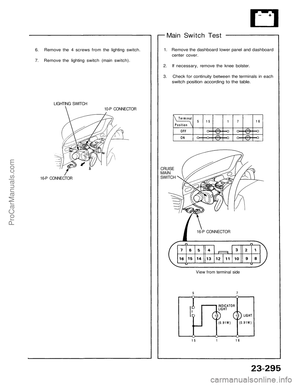 ACURA NSX 1991  Service Repair Manual 
6. Remove the 4 screws from the lighting switch.

7. Remove the lighting switch (main switch).

LIGHTING SWITCH

10-P CONNECTOR

16-P CONNECTOR 
Main Switch Test

1. Remove the dashboard lower panel 