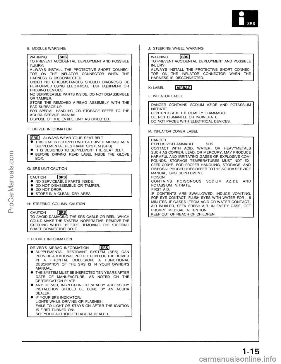 ACURA NSX 1991 Service Repair Manual
E: MODULE WARNING
WARNING
TO PREVENT ACCIDENTAL DEPLOYMENT AND POSSIBLE
INJURY:
ALWAYS INSTALL THE PROTECTIVE SHORT CONNEC-
TOR ON THE INFLATOR CONNECTOR WHEN THE
HARNESS IS DISCONNECTED.
UNDE ACURA NSX 1991 Service Repair Manual
E: MODULE WARNING
WARNING
TO PREVENT ACCIDENTAL DEPLOYMENT AND POSSIBLE
INJURY:
ALWAYS INSTALL THE PROTECTIVE SHORT CONNEC-
TOR ON THE INFLATOR CONNECTOR WHEN THE
HARNESS IS DISCONNECTED.
UNDE