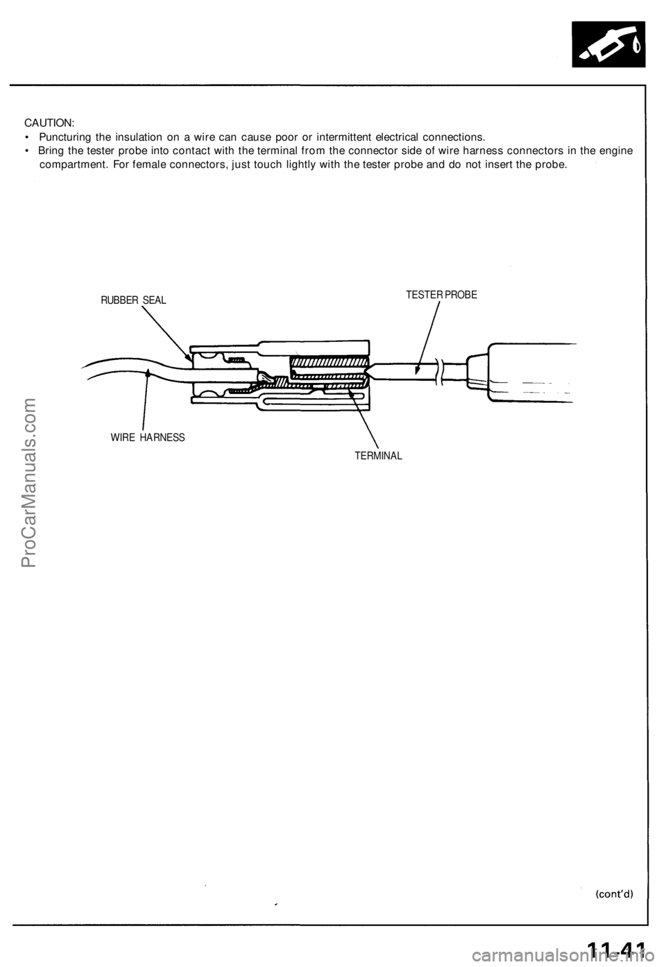 ACURA NSX 1991  Service Repair Manual 
CAUTION:

• Puncturing the insulation on a wire can cause poor or intermittent electrical connections.

• Bring the tester probe into contact with the terminal from the connector side of wire har