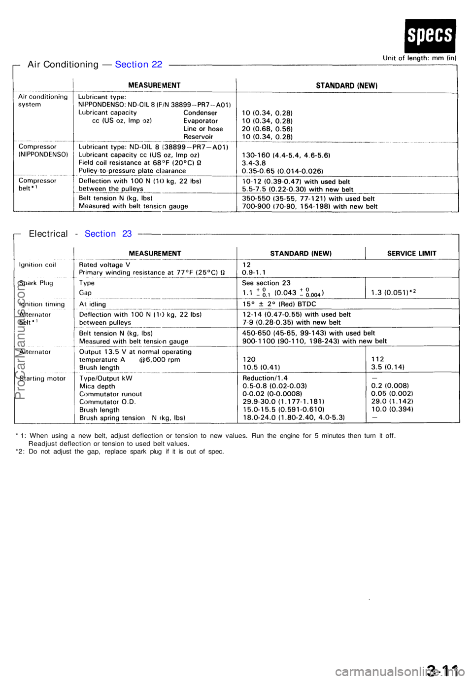 ACURA NSX 1991  Service Owners Manual * 1 : Whe n usin g a  ne w belt , adjus t deflectio n o r tensio n t o ne w values . Ru n th e engin e fo r 5  minute s the n tur n i t off .
Readjus t deflectio n o r tensio n t o use d bel t values 