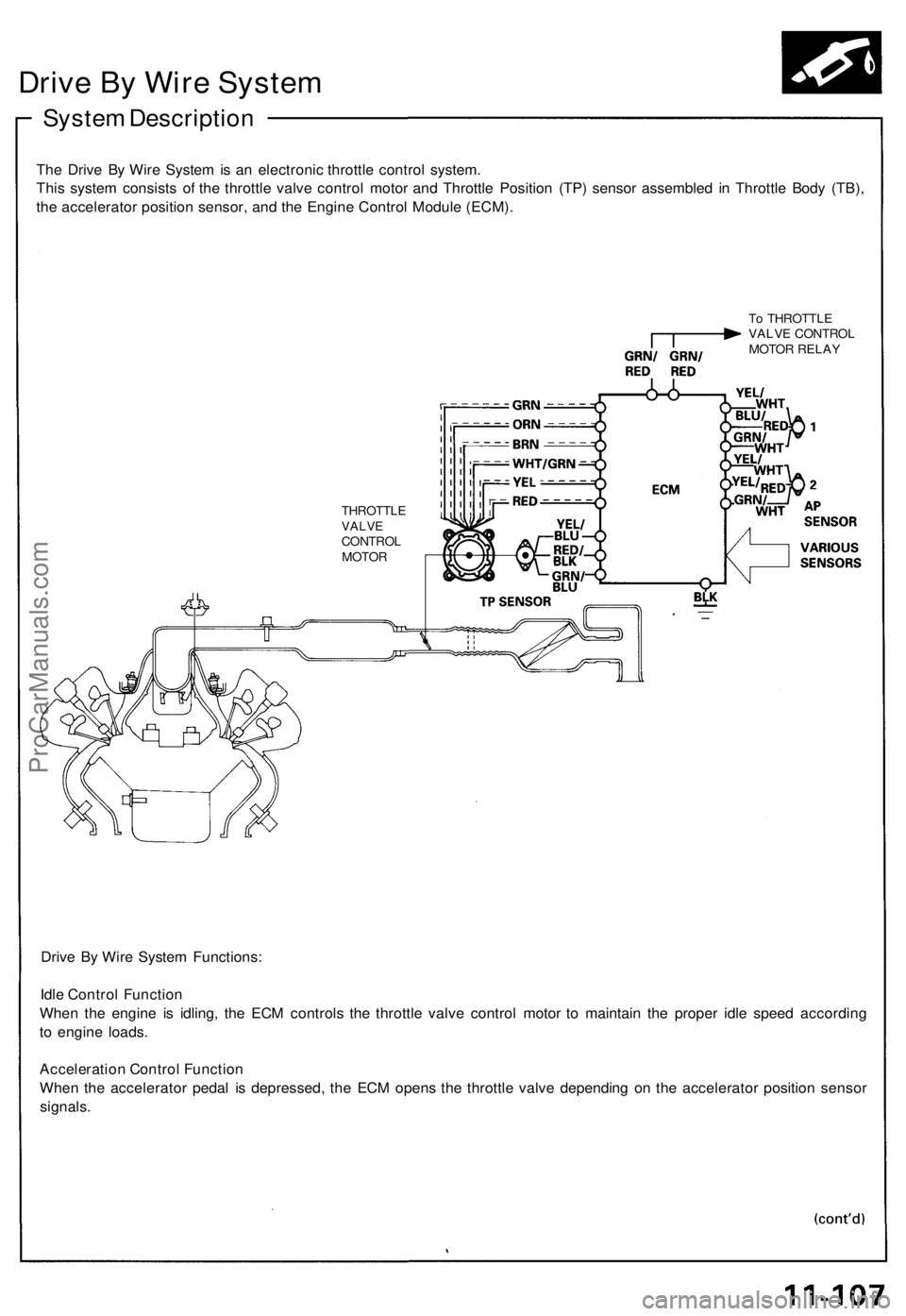 ACURA NSX 1991 Service Repair Manual
Drive By Wire System
System Description
The Drive By Wire System is an electronic throttle control system.
This system consists of the throttle valve control motor and Throttle Position (TP) senso ACURA NSX 1991 Service Repair Manual
Drive By Wire System
System Description
The Drive By Wire System is an electronic throttle control system.
This system consists of the throttle valve control motor and Throttle Position (TP) senso