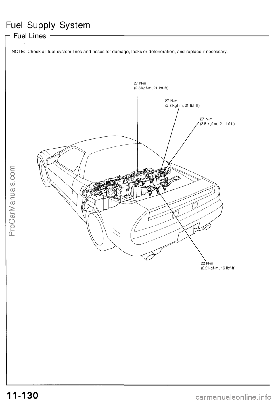 ACURA NSX 1991 Service Repair Manual
Fuel Supply System
Fuel Lines
NOTE: Check all fuel system lines and hoses for damage, leaks or deterioration, and replace if necessary.
27 N-m
(2.8 kgf-m, 21 Ibf-ft)
27 N-m
(2.8 kgf-m, 21 Ibf-f ACURA NSX 1991 Service Repair Manual
Fuel Supply System
Fuel Lines
NOTE: Check all fuel system lines and hoses for damage, leaks or deterioration, and replace if necessary.
27 N-m
(2.8 kgf-m, 21 Ibf-ft)
27 N-m
(2.8 kgf-m, 21 Ibf-f