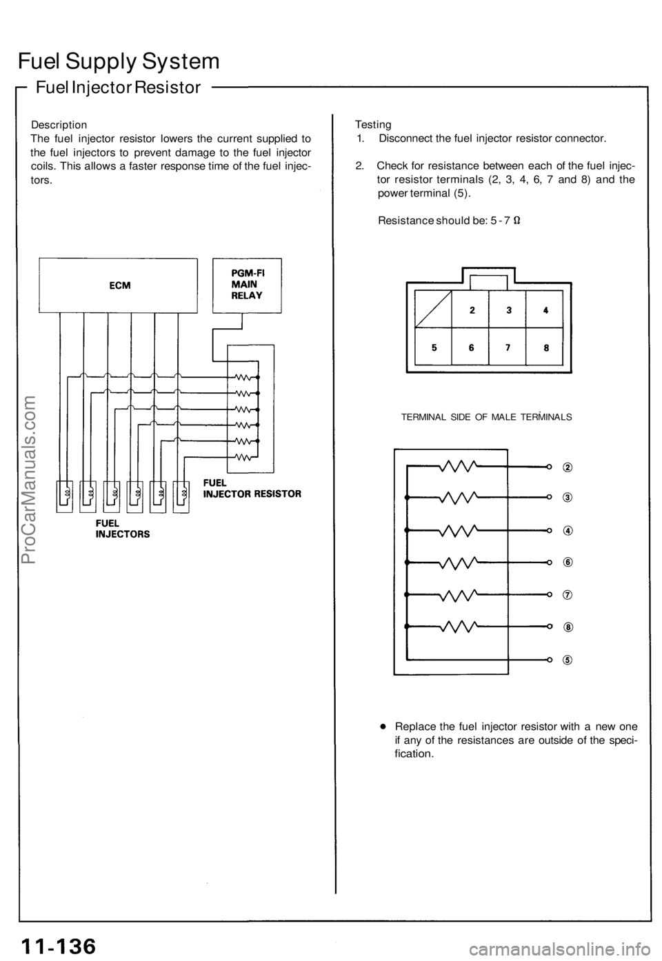ACURA NSX 1991  Service Repair Manual 
Fuel Supply System

Fuel Injector Resistor

Description

The fuel injector resistor lowers the current supplied to

the fuel injectors to prevent damage to the fuel injector

coils. This allows a fas
