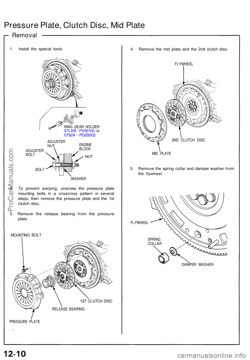 ACURA NSX 1991 Service Repair Manual Pressure Plate , Clutc h Disc , Mi d Plat e
Remova l
1. Instal l th e specia l tools .
RING GEA R HOLDE R07LAB - PV0010 0 o r0792 4 - PD2000 3
ADJUSTE RNUT
ADJUSTE R
BOL T
BOL T ENGIN
EBLOCK
NUT
WASH ACURA NSX 1991 Service Repair Manual Pressure Plate , Clutc h Disc , Mi d Plat e
Remova l
1. Instal l th e specia l tools .
RING GEA R HOLDE R07LAB - PV0010 0 o r0792 4 - PD2000 3
ADJUSTE RNUT
ADJUSTE R
BOL T
BOL T ENGIN
EBLOCK
NUT
WASH