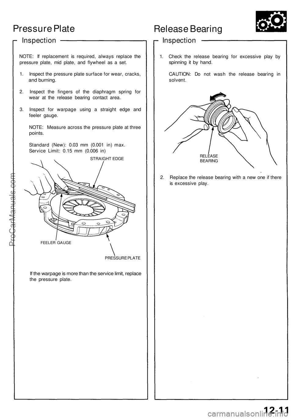 ACURA NSX 1991 Service Repair Manual
Pressure Plate
Inspection
NOTE: If replacement is required, always replace the
pressure plate, mid plate, and flywheel as a set.
1. Inspect the pressure plate surface for wear, cracks,
and burni ACURA NSX 1991 Service Repair Manual
Pressure Plate
Inspection
NOTE: If replacement is required, always replace the
pressure plate, mid plate, and flywheel as a set.
1. Inspect the pressure plate surface for wear, cracks,
and burni