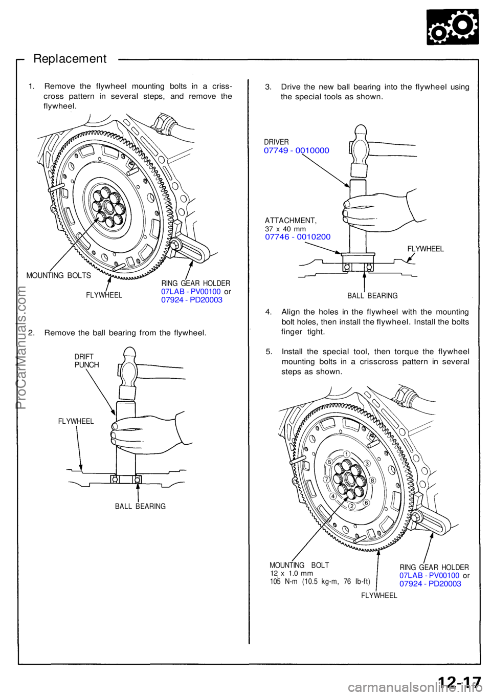 ACURA NSX 1991  Service Repair Manual Replacement
1. Remov e th e flywhee l mountin g bolt s i n a  criss -
cros s patter n i n severa l steps , an d remov e th e
flywheel .
MOUNTIN G BOLT S
FLYWHEE L RIN
G GEA R HOLDE R07LAB - PV0010 0 o