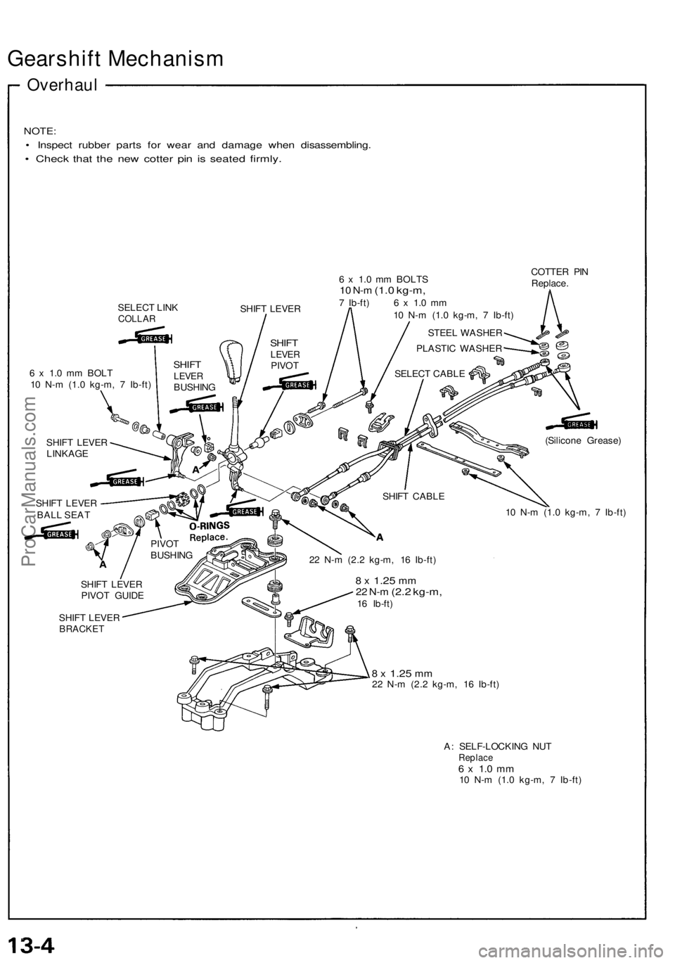 ACURA NSX 1991  Service Repair Manual Gearshift Mechanism
Overhaul
NOTE:
• Inspec t rubber  parts fo r wea r an d damag e whe n disassembling .
• Chec k tha t th e ne w cotte r pi n i s seate d firmly .
SELEC T LIN KCOLLA RSHIFT LEVE 