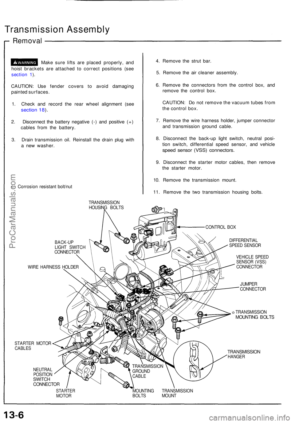 ACURA NSX 1991  Service Repair Manual Transmission Assembl y
Removal
Make sur e lift s ar e place d properly , an d
hois t bracket s ar e attache d t o correc t position s (se e
sectio n 1 ).
CAUTION : Us e fende r cover s t o avoi d dama