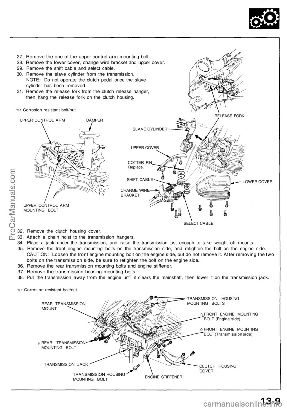 ACURA NSX 1991  Service Repair Manual 
27. Remove the one of the upper control arm mounting bolt.

28. Remove the lower cover, change wire bracket and upper cover.

29. Remove the shift cable and select cable.

30. Remove the slave cylind