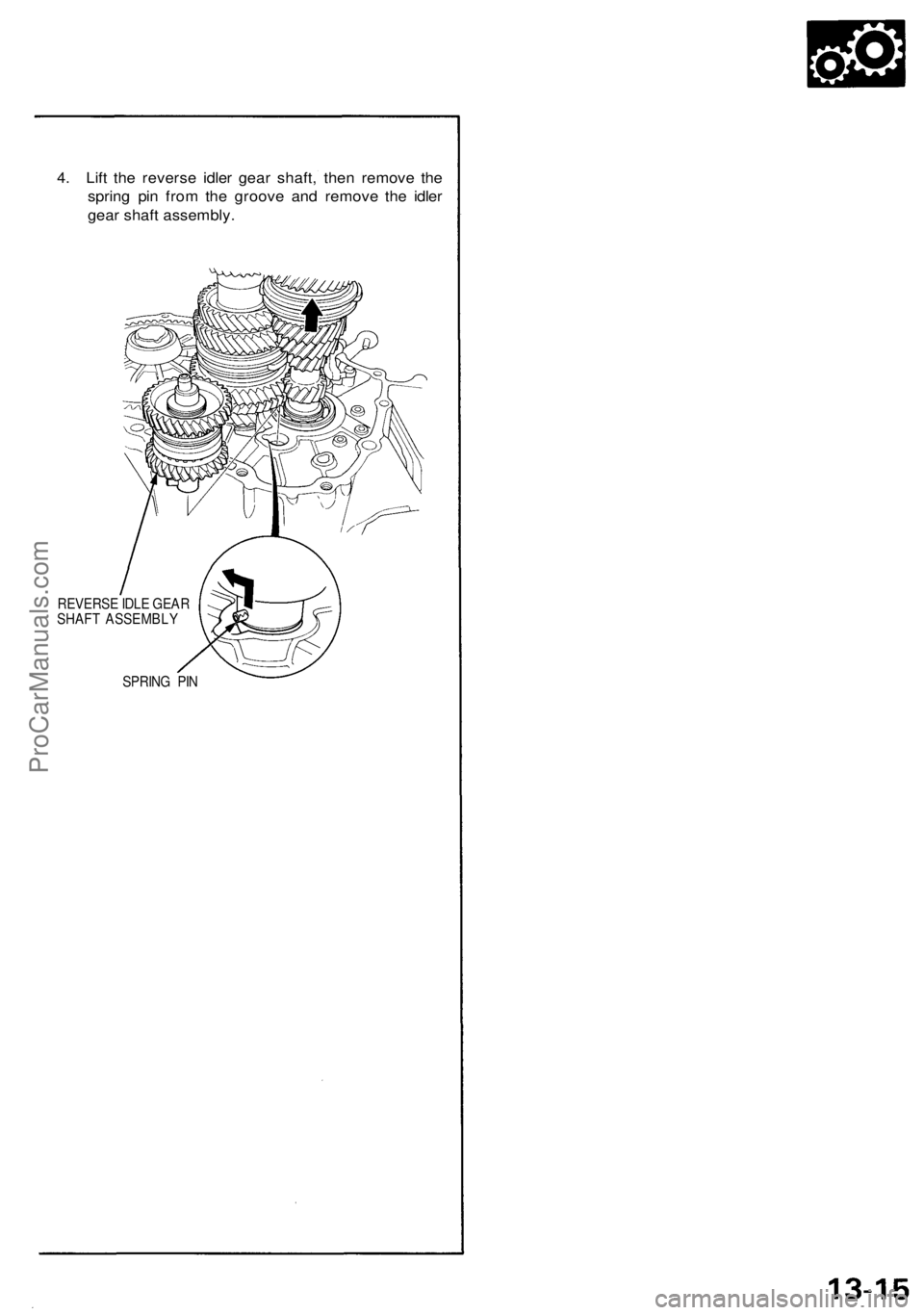 ACURA NSX 1991  Service Repair Manual 
4. Lift the reverse idler gear shaft, then remove the

spring pin from the groove and remove the idler

gear shaft assembly.

REVERSE IDLE GEAR

SHAFT ASSEMBLY

SPRING PINProCarManuals.com 