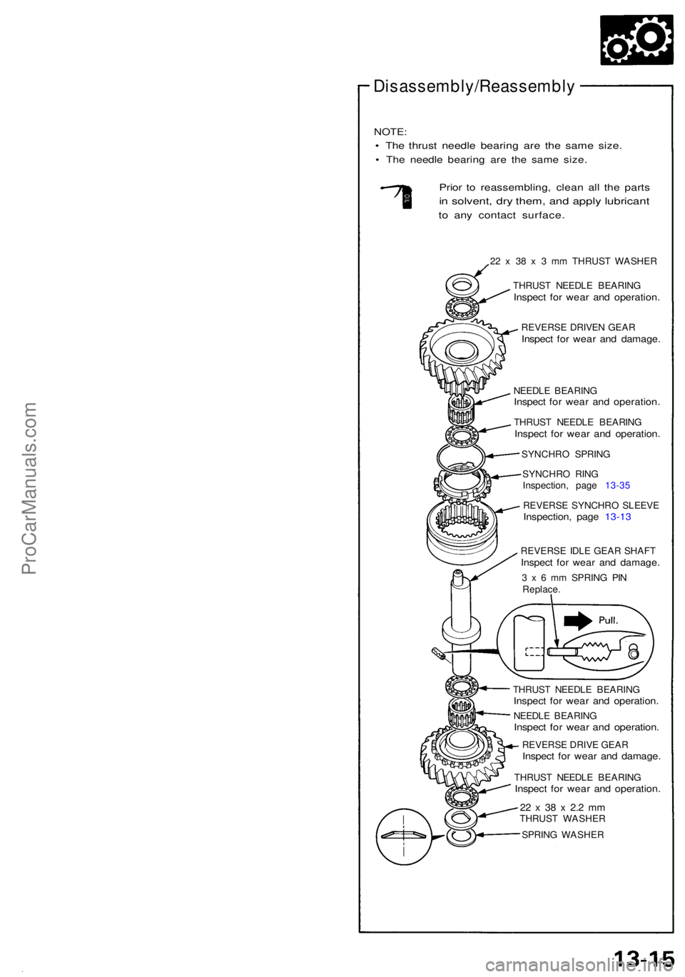 ACURA NSX 1991  Service Repair Manual Disassembly/Reassembly
NOTE:
• Th e thrus t needl e bearin g ar e th e sam e size .
• Th e needl e bearin g ar e th e sam e size .
Prior t o reassembling , clea n al l th e part s
in  solvent , dr