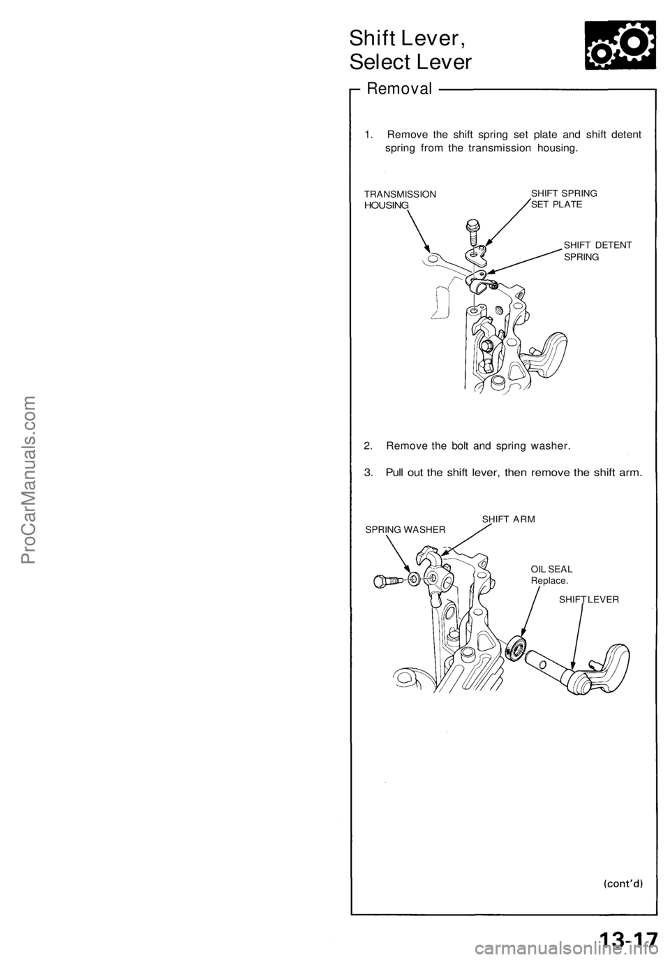 ACURA NSX 1991  Service Repair Manual 
Shift Lever,

Select Lever

Removal

1. Remove the shift spring set plate and shift detent

spring from the transmission housing.

TRANSMISSION

HOUSING 
SHIFT SPRING

SET PLATE

SHIFT DETENT

SPRING