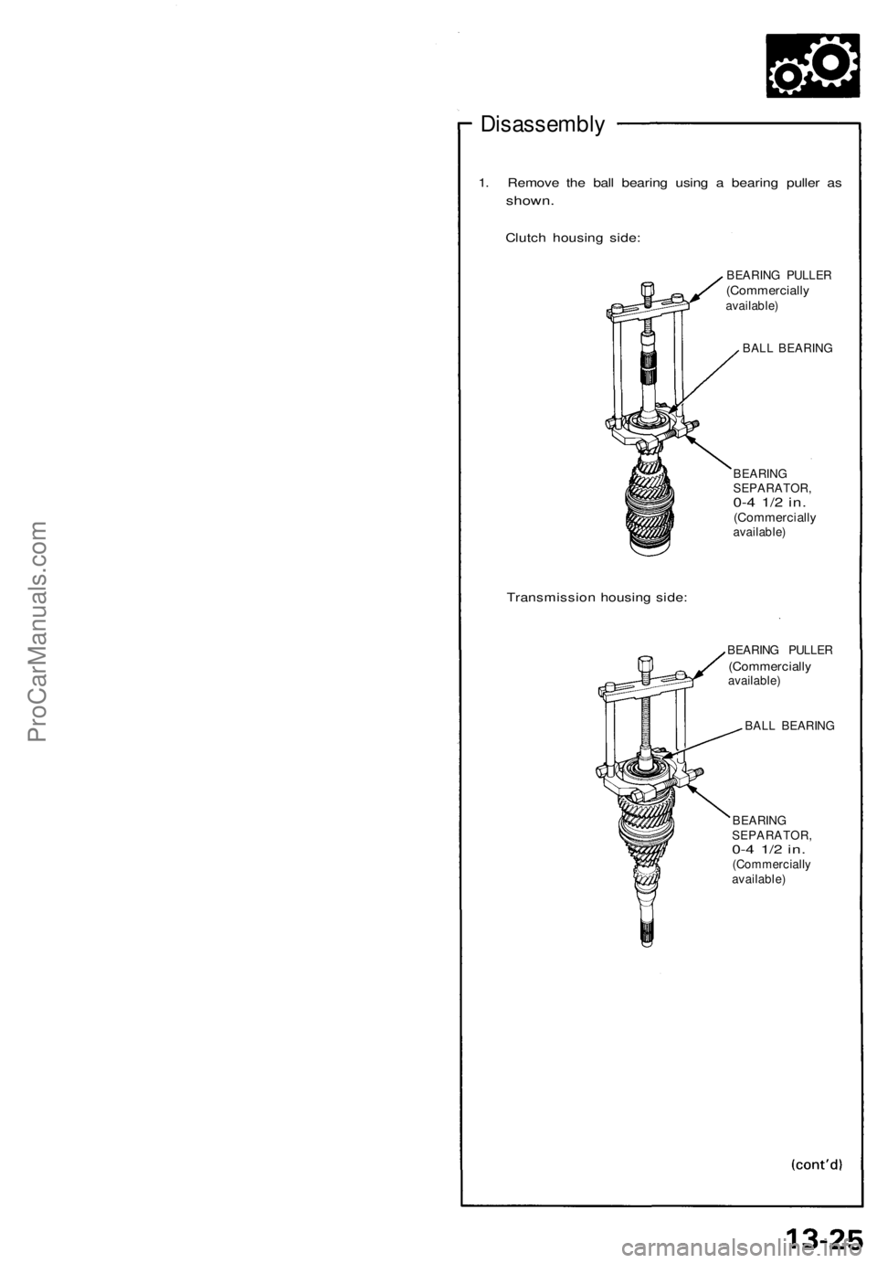ACURA NSX 1991  Service Repair Manual 
Disassembly

1. Remove the ball bearing using a bearing puller as

shown.

Clutch housing side:

Transmission housing side: 
BEARING PULLER

(Commercially

available)

BALL BEARING

BEARING

SEPARATO