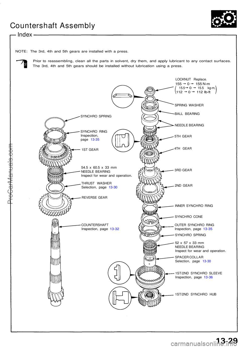ACURA NSX 1991 Service Repair Manual Countershaft Assembl y
Index
NOTE : Th e 3rd , 4t h an d 5t h gear s ar e installe d wit h a press .
Prior t o reassembling , clea n al l th e part s i n solvent , dr y them , an d appl y lubrican t ACURA NSX 1991 Service Repair Manual Countershaft Assembl y
Index
NOTE : Th e 3rd , 4t h an d 5t h gear s ar e installe d wit h a press .
Prior t o reassembling , clea n al l th e part s i n solvent , dr y them , an d appl y lubrican t