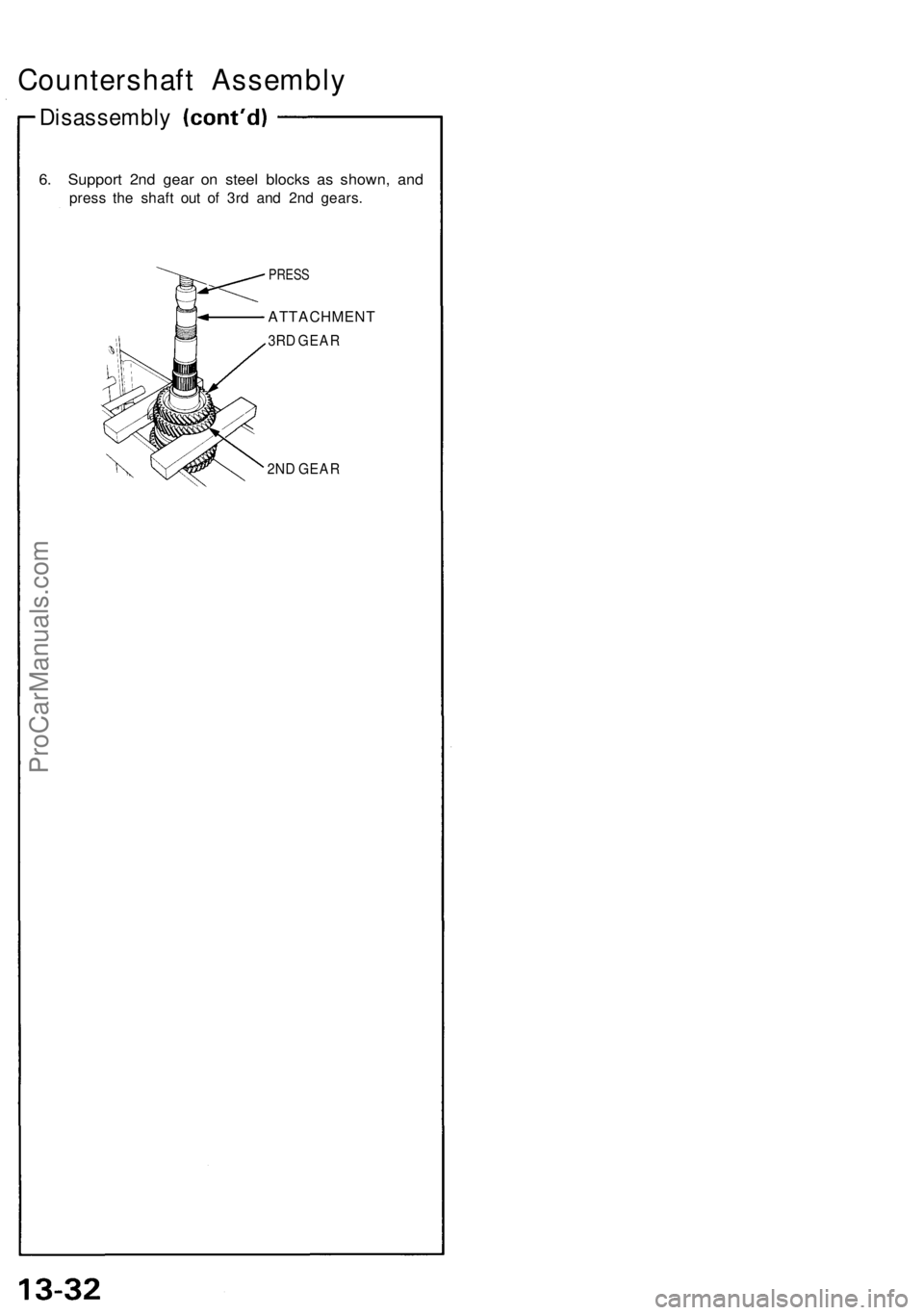 ACURA NSX 1991 Service Repair Manual Countershaft Assembl y
Disassembl y
6. Suppor t 2n d gea r o n stee l block s a s shown , an d
pres s th e shaf t ou t o f 3r d an d 2n d gears .
PRESS
ATTACHMEN T
3RD GEA R
2N D GEA R
ProCarManuals.c ACURA NSX 1991 Service Repair Manual Countershaft Assembl y
Disassembl y
6. Suppor t 2n d gea r o n stee l block s a s shown , an d
pres s th e shaf t ou t o f 3r d an d 2n d gears .
PRESS
ATTACHMEN T
3RD GEA R
2N D GEA R
ProCarManuals.c