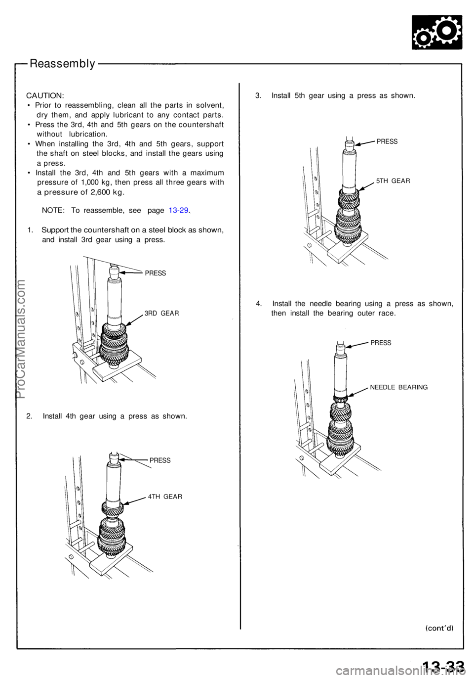 ACURA NSX 1991 Service Repair Manual Reassembly
CAUTION:
• Prio r t o reassembling , clea n al l th e part s i n solvent ,
dr y them , an d appl y lubrican t t o an y contac t parts .
• Pres s th e 3rd , 4t h an d 5t h gears on th ACURA NSX 1991 Service Repair Manual Reassembly
CAUTION:
• Prio r t o reassembling , clea n al l th e part s i n solvent ,
dr y them , an d appl y lubrican t t o an y contac t parts .
• Pres s th e 3rd , 4t h an d 5t h gears on th