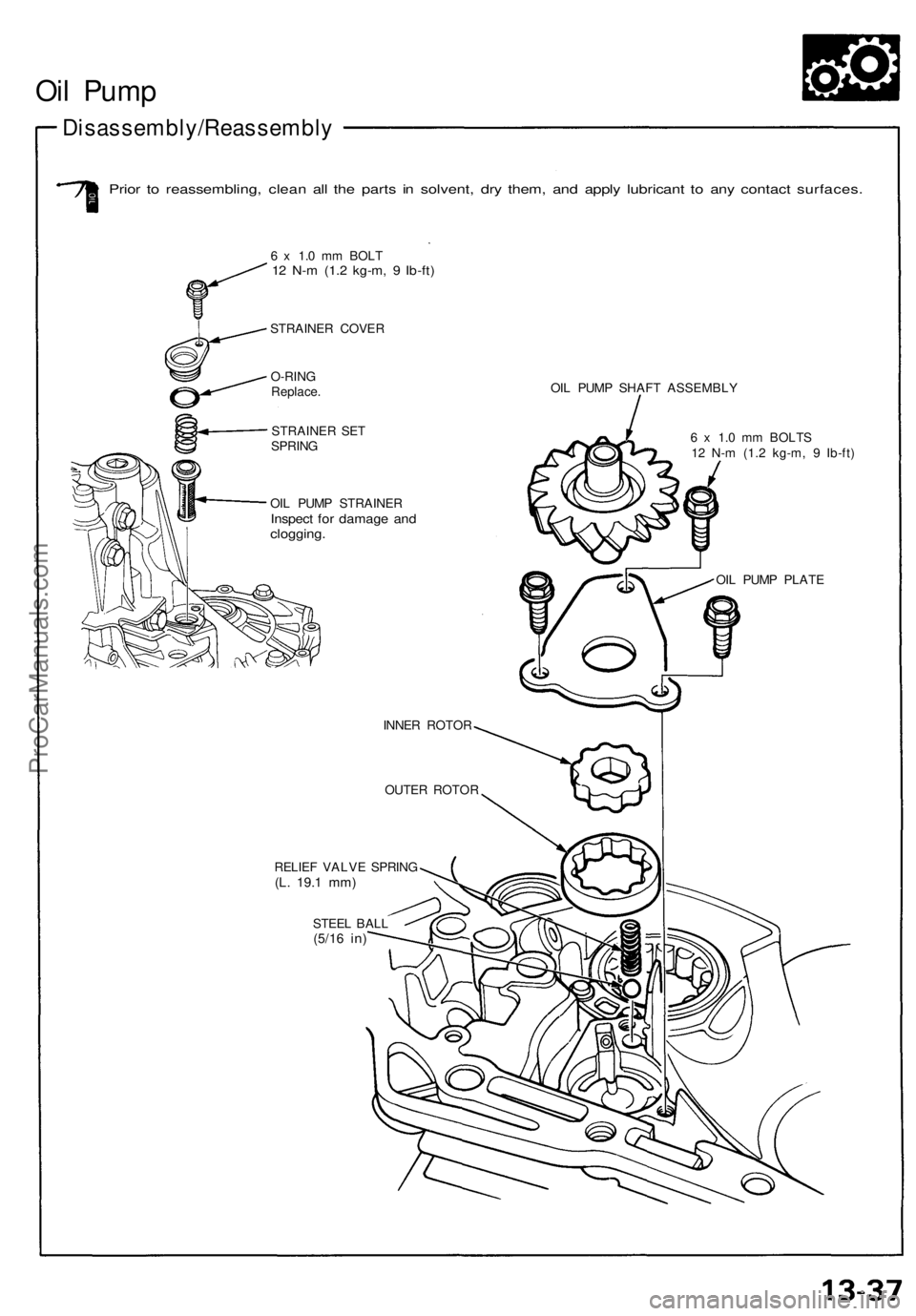 ACURA NSX 1991 Service Repair Manual
Oil Pump
Disassembly/Reassembly
Prior to reassembling, clean all the parts in solvent, dry them, and apply lubricant to any contact surfaces.
6 x 1.0 mm BOLT
12 N-m (1.2 kg-m, 9 Ib-ft)
STRAINER ACURA NSX 1991 Service Repair Manual
Oil Pump
Disassembly/Reassembly
Prior to reassembling, clean all the parts in solvent, dry them, and apply lubricant to any contact surfaces.
6 x 1.0 mm BOLT
12 N-m (1.2 kg-m, 9 Ib-ft)
STRAINER