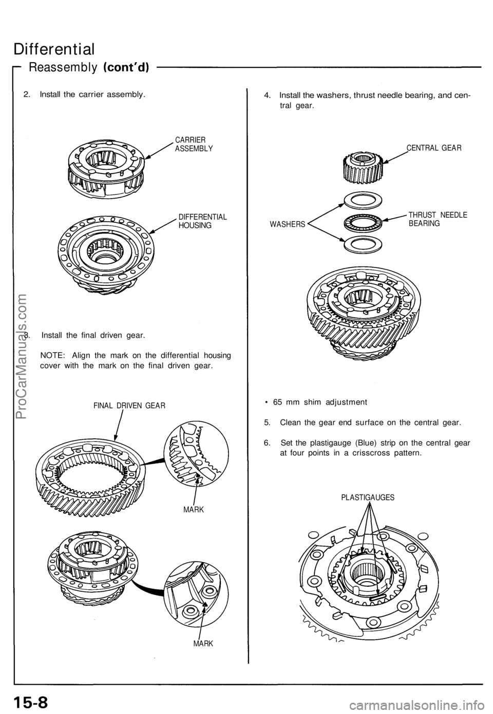 ACURA NSX 1991  Service Repair Manual 
Differential

Reassembly

2. Install the carrier assembly.

CARRIER

ASSEMBLY

DIFFERENTIAL

HOUSING

3. Install the final driven gear.

NOTE: Align the mark on the differential housing

cover with t