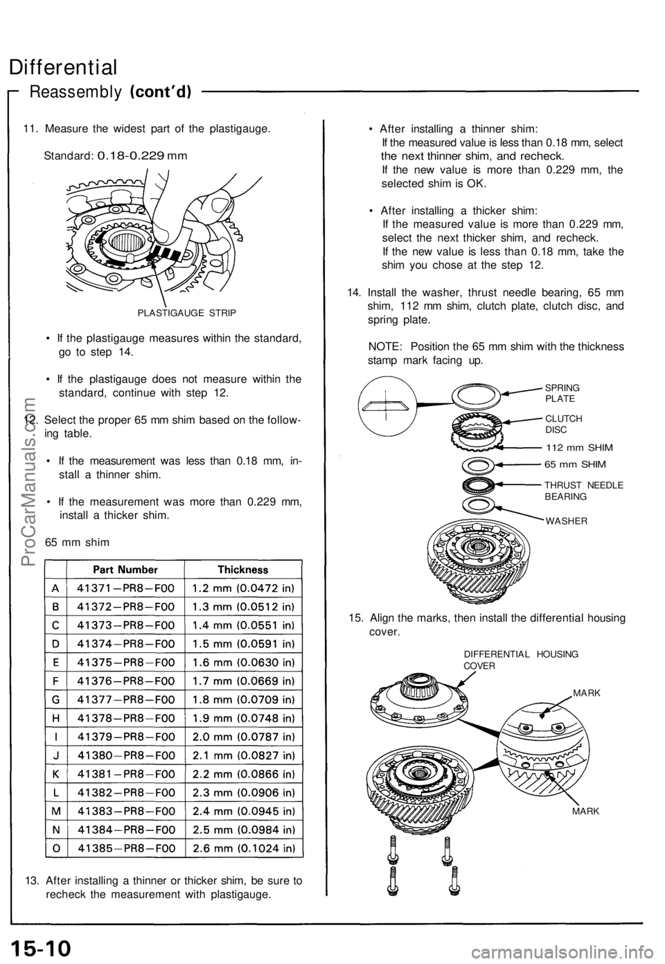 ACURA NSX 1991  Service Repair Manual 
Differential

Reassembly

11. Measure the widest part of the plastigauge.

Standard:
 0.18-0.229
 mm

PLASTIGAUGE STRIP

• If the plastigauge measures within the standard,

go to step 14.

• If t