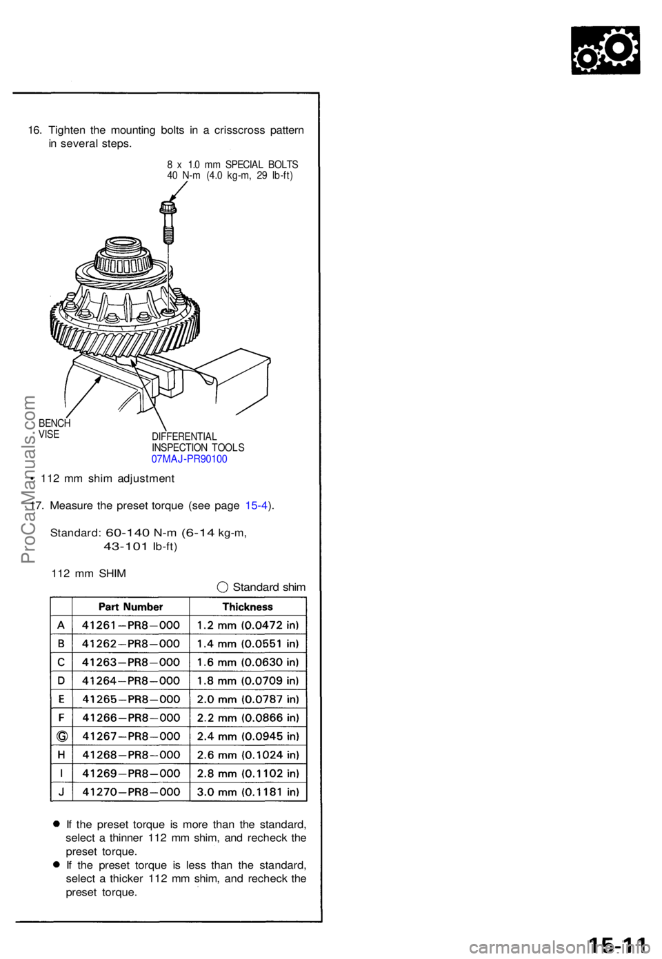 ACURA NSX 1991  Service Repair Manual 16. Tighte n th e mountin g bolt s i n a  crisscros s patter n
i n  severa l steps .
8 x  1. 0 m m SPECIA L BOLT S
4 0  N- m (4. 0 kg-m , 2 9 Ib-ft )
BENC H
VIS E
DIFFERENTIA LINSPECTION TOOL S07MAJ-P