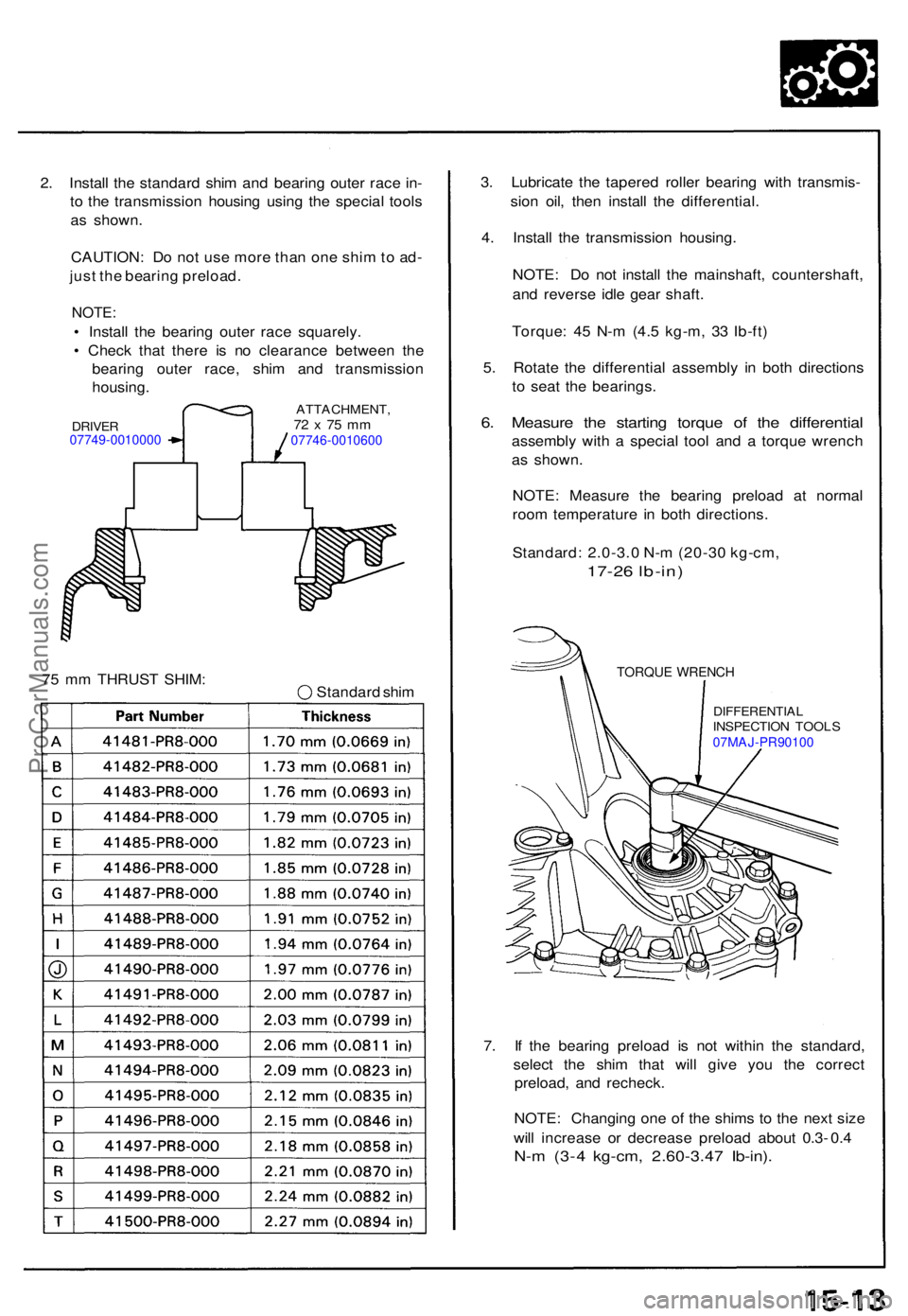 ACURA NSX 1991  Service Repair Manual 2. Instal l th e standar d shi m an d bearin g oute r rac e in -
t o  th e transmissio n housin g usin g th e specia l tool s
a s shown .
CAUTION : D o no t us e mor e tha n on e shi m to  ad -
jus t 
