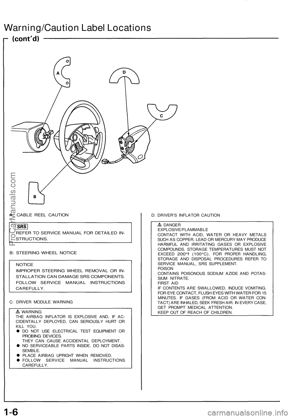 ACURA NSX 1991 Service Owners Guide Warning/Caution Labe l Location s
A: CABL E REE L CAUTIO N
REFER T O SERVIC E MANUA L FO R DETAILE D IN -
STRUCTIONS .
B: STEERIN G WHEE L NOTIC E
NOTICE
IMPROPE R STEERIN G WHEE L REMOVA L O R IN -
S ACURA NSX 1991 Service Owners Guide Warning/Caution Labe l Location s
A: CABL E REE L CAUTIO N
REFER T O SERVIC E MANUA L FO R DETAILE D IN -
STRUCTIONS .
B: STEERIN G WHEE L NOTIC E
NOTICE
IMPROPE R STEERIN G WHEE L REMOVA L O R IN -
S