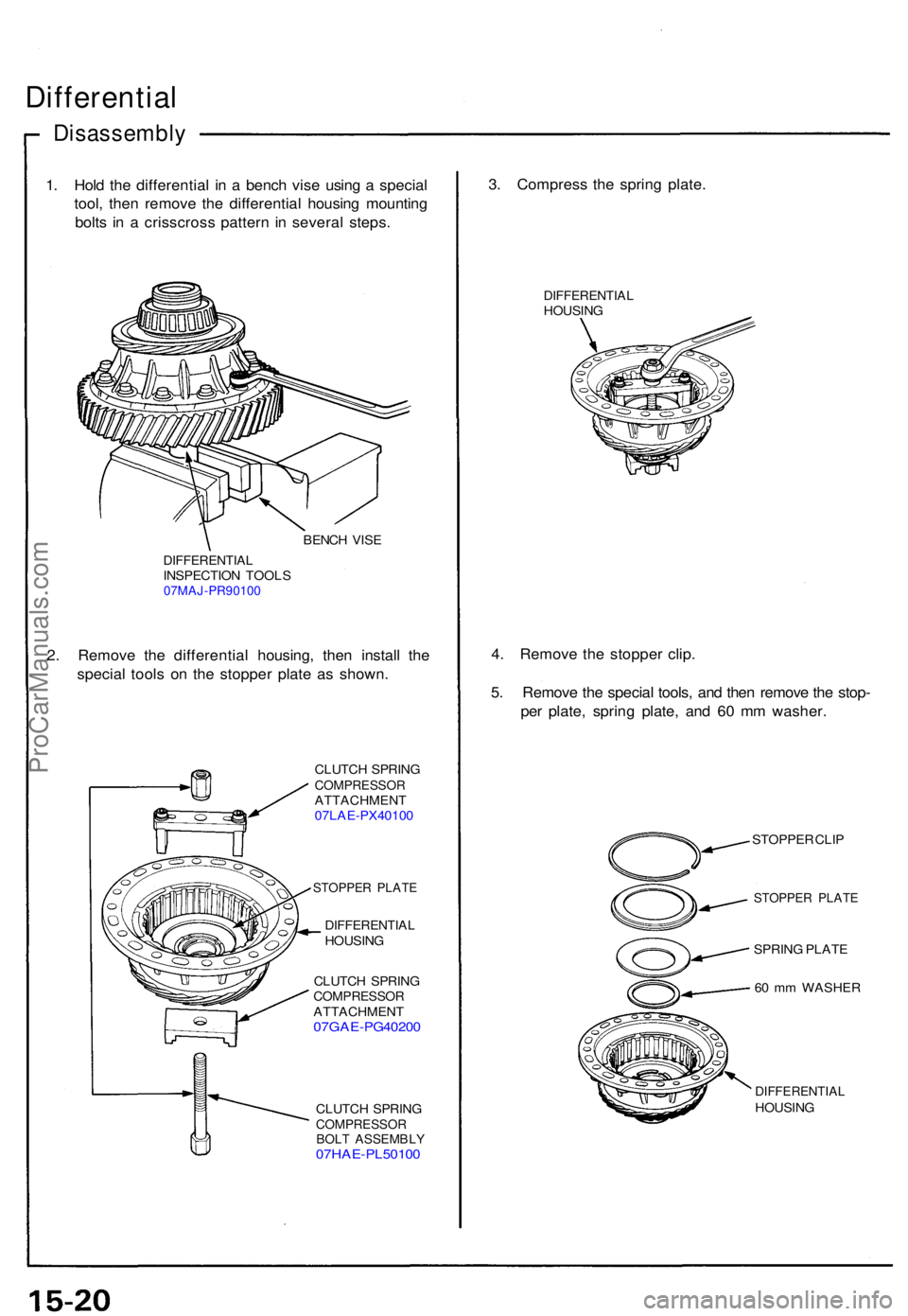 ACURA NSX 1991 Service Repair Manual Differential
Disassembl y
1. Hol d th e differentia l i n a benc h vis e usin g a specia l
tool , the n remov e th e differentia l housin g mountin g
bolt s i n a crisscros s patter n i n severa l ACURA NSX 1991 Service Repair Manual Differential
Disassembl y
1. Hol d th e differentia l i n a benc h vis e usin g a specia l
tool , the n remov e th e differentia l housin g mountin g
bolt s i n a crisscros s patter n i n severa l