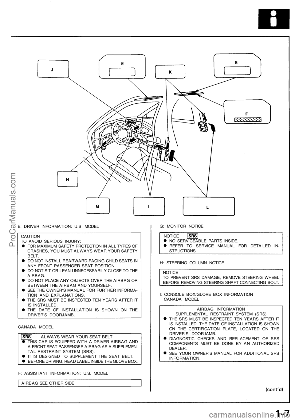 ACURA NSX 1991 Service Owners Guide
E: DRIVER INFORMATION: U.S. MODEL
CAUTION
TO AVOID SERIOUS INJURY:
FOR MAXIMUM SAFETY PROTECTION IN ALL TYPES OF
CRASHES, YOU MUST ALWAYS WEAR YOUR SAFETY
BELT.
DO NOT INSTALL REARWARD-FACING C ACURA NSX 1991 Service Owners Guide
E: DRIVER INFORMATION: U.S. MODEL
CAUTION
TO AVOID SERIOUS INJURY:
FOR MAXIMUM SAFETY PROTECTION IN ALL TYPES OF
CRASHES, YOU MUST ALWAYS WEAR YOUR SAFETY
BELT.
DO NOT INSTALL REARWARD-FACING C