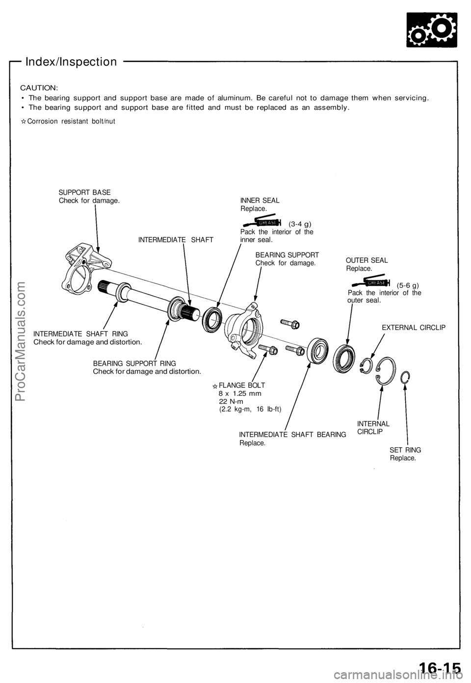 ACURA NSX 1991 Service Repair Manual Index/Inspection
CAUTION:
• Th e bearin g suppor t an d suppor t bas e ar e mad e o f aluminum . B e carefu l no t t o damag e the m whe n servicing .
• Th e bearin g suppor t an d suppor t bas e ACURA NSX 1991 Service Repair Manual Index/Inspection
CAUTION:
• Th e bearin g suppor t an d suppor t bas e ar e mad e o f aluminum . B e carefu l no t t o damag e the m whe n servicing .
• Th e bearin g suppor t an d suppor t bas e