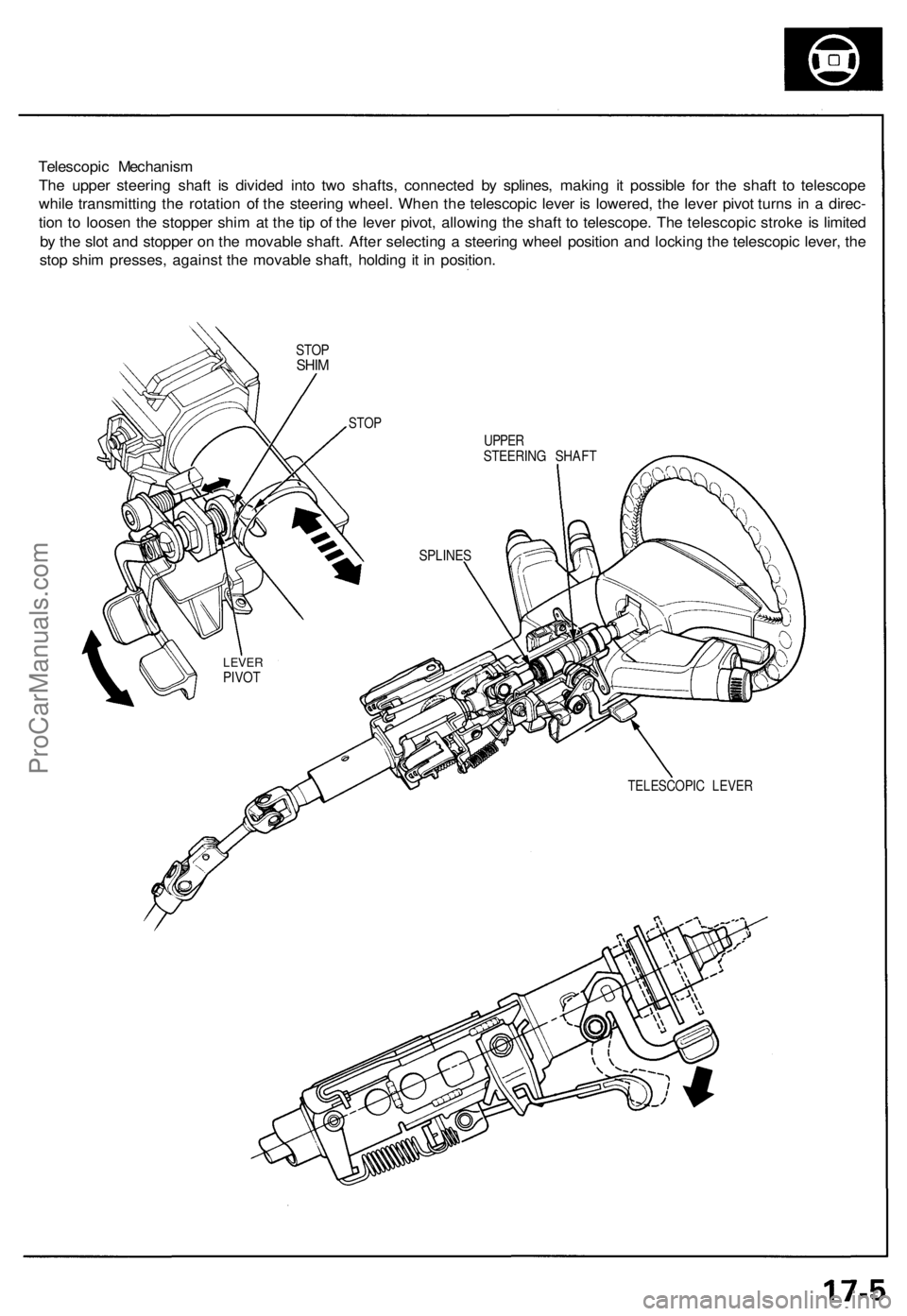 ACURA NSX 1991 Service Repair Manual
Telescopic Mechanism
The upper steering shaft is divided into two shafts, connected by splines, making it possible for the shaft to telescope
while transmitting the rotation of the steering wheel. ACURA NSX 1991 Service Repair Manual
Telescopic Mechanism
The upper steering shaft is divided into two shafts, connected by splines, making it possible for the shaft to telescope
while transmitting the rotation of the steering wheel.