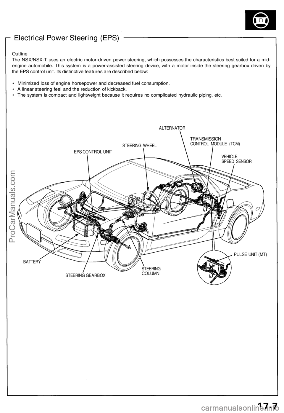 ACURA NSX 1991 Service Repair Manual
Electrical Power Steering (EPS)
Outline
The NSX/NSX-T uses an electric motor-driven power steering, which possesses the characteristics best suited for a mid-
engine automobile. This system is a p ACURA NSX 1991 Service Repair Manual
Electrical Power Steering (EPS)
Outline
The NSX/NSX-T uses an electric motor-driven power steering, which possesses the characteristics best suited for a mid-
engine automobile. This system is a p