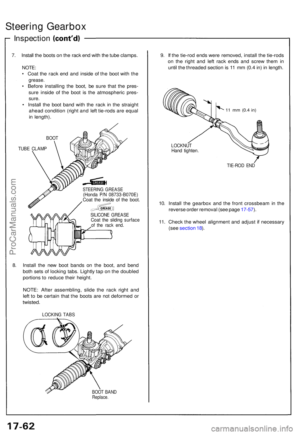 ACURA NSX 1991 Service Repair Manual Steering Gearbo x
Inspectio n
7. Instal l th e boot s o n th e rac k en d wit h th e tub e clamps .
NOTE:
• Coa t th e rac k en d an d insid e o f th e boo t wit h th e
grease .
• Befor e installi ACURA NSX 1991 Service Repair Manual Steering Gearbo x
Inspectio n
7. Instal l th e boot s o n th e rac k en d wit h th e tub e clamps .
NOTE:
• Coa t th e rac k en d an d insid e o f th e boo t wit h th e
grease .
• Befor e installi
