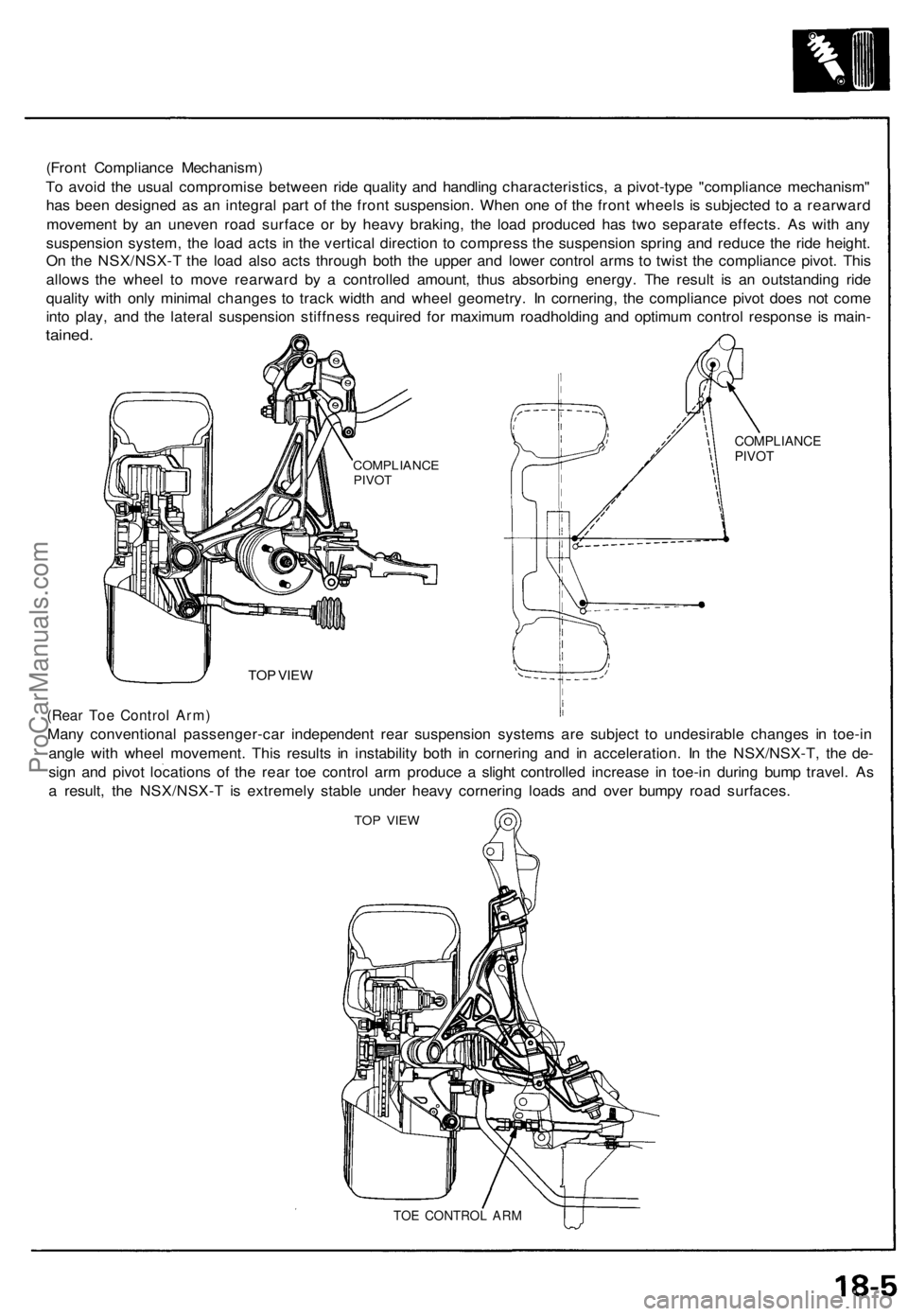 ACURA NSX 1991 Service Repair Manual
(Front Compliance Mechanism)
To avoid the usual compromise between ride quality and handling characteristics, a pivot-type "compliance mechanism"
has been designed as an integral part of th ACURA NSX 1991 Service Repair Manual
(Front Compliance Mechanism)
To avoid the usual compromise between ride quality and handling characteristics, a pivot-type "compliance mechanism"
has been designed as an integral part of th